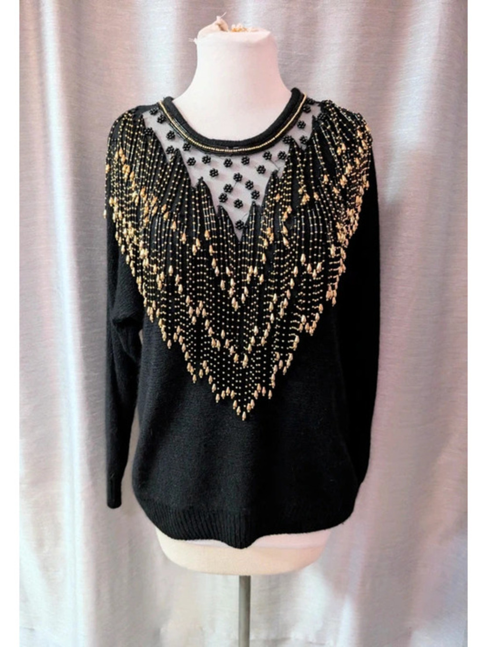 SOLD 80s Black Gold Beaded Fringe Silk Angora Sweater L